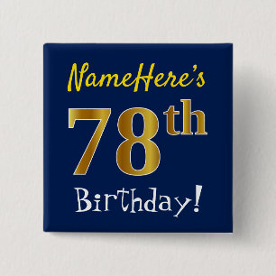 Badge Carré 5 Cm Bleu, Faux Or 78ème Anniversaire, Avec Nom Personn