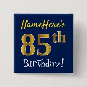 Badge Carré 5 Cm Bleu, Faux Or 85ème Anniversaire, Avec Nom Personn