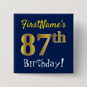 Badge Carré 5 Cm Bleu, Faux Or 87ème Anniversaire, Avec Nom Personn