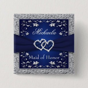 Badge Carré 5 Cm Bleu marine, domestique d'honneur florale argenté