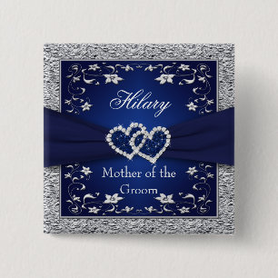 Badge Carré 5 Cm Bleu marine, mère florale argentée du Pin de mar