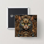 Badge Carré 5 Cm bleu steampunk chat AI bouton art (Devant & derrière)