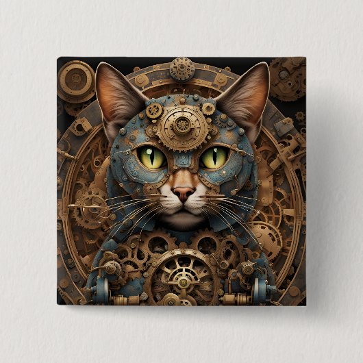 Badge Carré 5 Cm bleu steampunk chat AI bouton art (Devant)