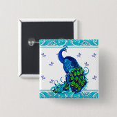 Badge Carré 5 Cm Bleu tourbillon Bordure et conception de paon (Devant & derrière)