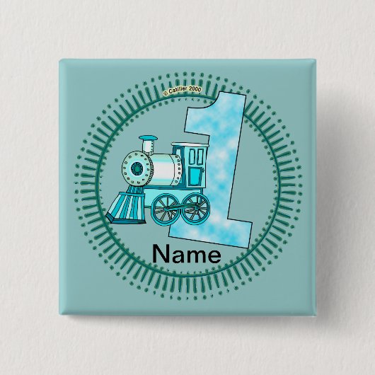 Badge Carré 5 Cm Bleu Train 1er Anniversaire pin (Devant)