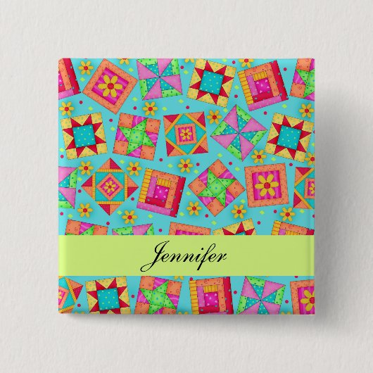 Badge Carré 5 Cm Blocs de surface en Patchwork bleu turquoise Nom B (Devant)
