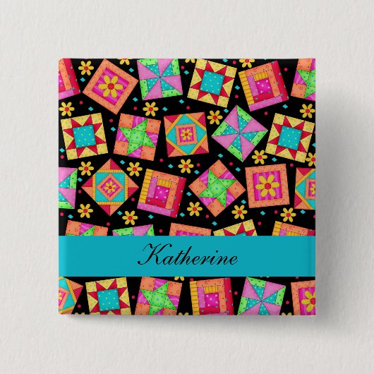 Badge Carré 5 Cm Blocs de surface en Patchwork Turquoise Noir Nom B (Devant)