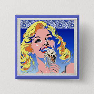 Badge Carré 5 Cm Blonde Mangeant une Glace Style Pop Art Coloré des