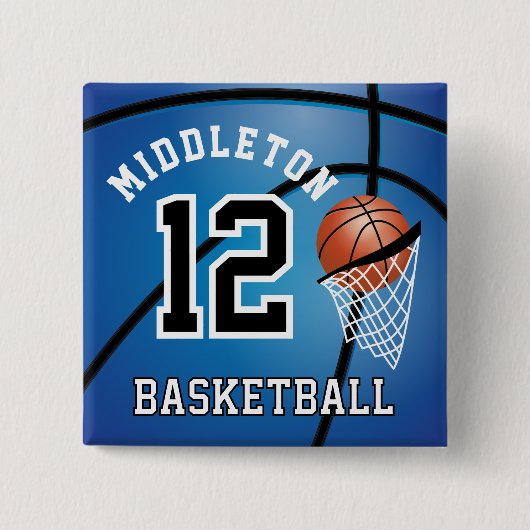 Badge Carré 5 Cm Blue Basketball 🏀 et Hoop | Texte do-it-yourself (Devant)