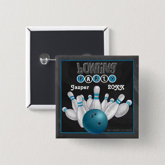 Badge Carré 5 Cm Blue Bowling Party (Devant & derrière)
