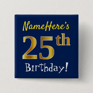 Badge Carré 5 Cm Blue, Faux Gold 25e anniversaire, avec nom personn