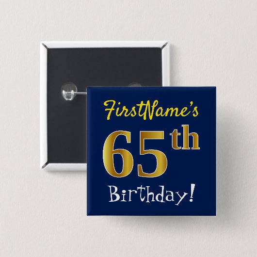 Badge Carré 5 Cm Blue, Faux Gold 65th Birthday, With Custom Name (Devant & derrière)