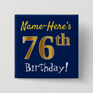 Badge Carré 5 Cm Blue, Faux Gold 76e anniversaire, avec nom personn