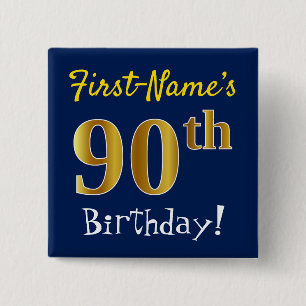 Badge Carré 5 Cm Blue, Faux Gold 90e anniversaire, avec nom personn