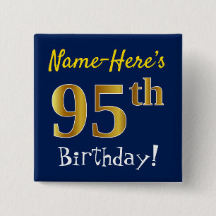 Badge Carré 5 Cm Blue, Faux Gold 95e anniversaire, avec nom personn