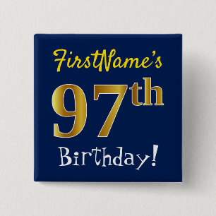 Badge Carré 5 Cm Blue, Faux Gold 97e anniversaire, avec nom personn