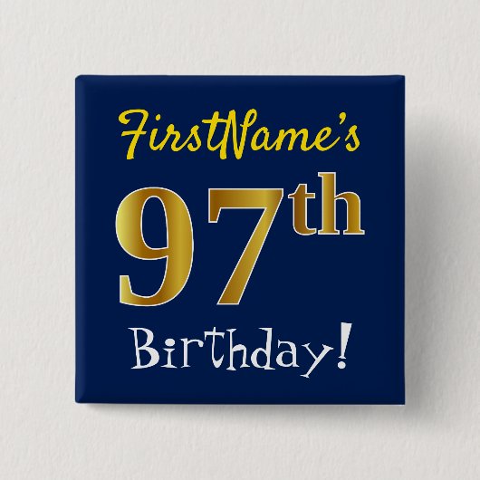 Badge Carré 5 Cm Blue, Faux Gold 97e anniversaire, avec nom personn (Devant)
