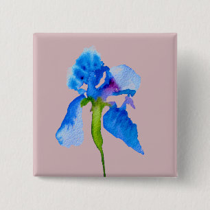 Badge Carré 5 Cm Blue Iris moderne aquarelle florale art