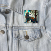 Badge Carré 5 Cm Boho Wolf Surreal Wildlife Art Button (En situation)