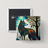 Badge Carré 5 Cm Boho Wolf Surreal Wildlife Art Button (Devant & derrière)
