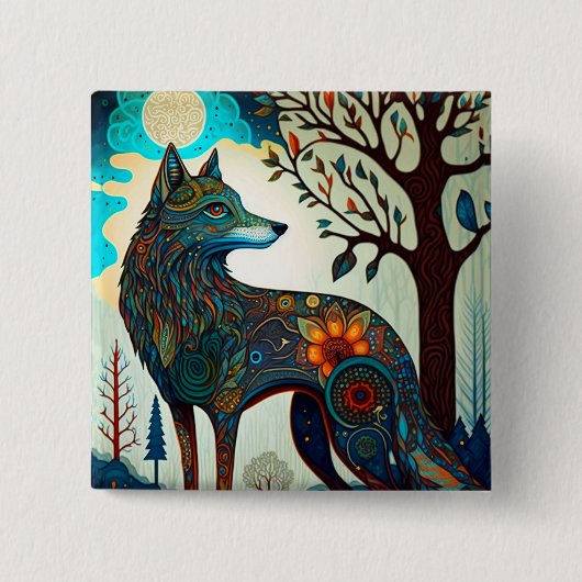 Badge Carré 5 Cm Boho Wolf Surreal Wildlife Art Button (Devant)