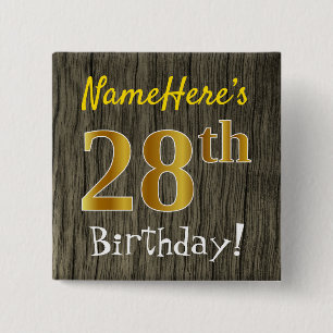 Badge Carré 5 Cm Bois de Faux, anniversaire d'or de Faux 28ème +