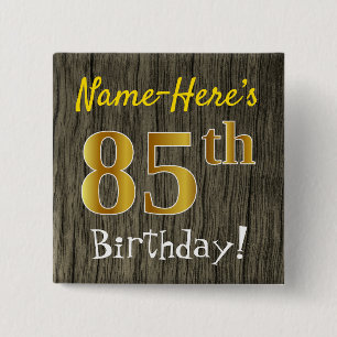 Badge Carré 5 Cm Bois de Faux, anniversaire d'or de Faux 85th + Nom