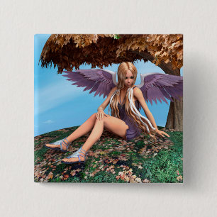 Badge Carré 5 Cm Bois féerique de l'ange d'automne Art fantastique