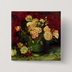 Badge Carré 5 Cm Bol de Pivoines et Rose,Vincent van Gogh
