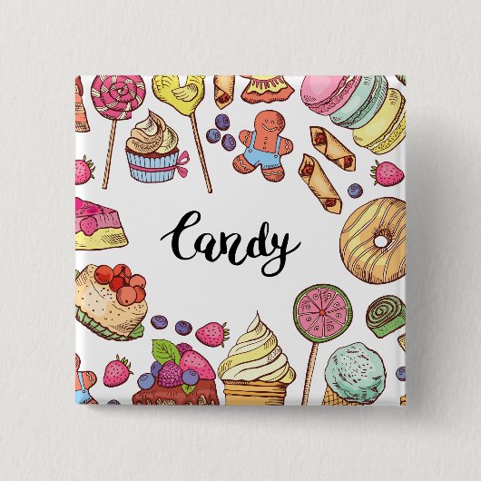 Badge Carré 5 Cm Bonbons et Dessert Doodles Sweet Traitements Motif (Devant)