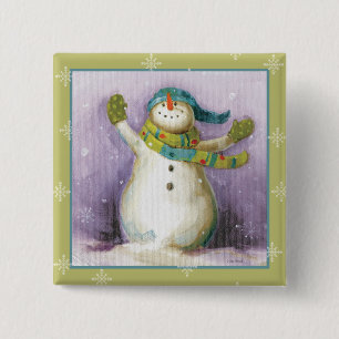 Badge Carré 5 Cm Bonhomme de neige avec des mitaines d'hiver