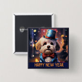 Badge Carré 5 Cm Bonne année, caniche maltaise, (Devant & derrière)