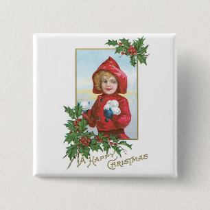 Badge Carré 5 Cm Bonne fille de Noël avec des boules de neige