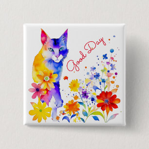 Badge Carré 5 Cm Bonne journée   Chat et fleurs à l'aquarelle 