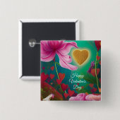 Badge Carré 5 Cm Bonne Saint Valentin - Fleurs et Coeurs roses (Devant & derrière)