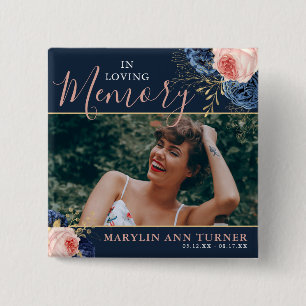 Badge Carré 5 Cm Botanique rose & Navy Florals Élégant Mémorial