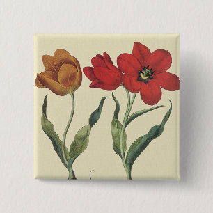 Badge Carré 5 Cm Botanique Vintage, Fleurs de Tulipes et Bulbes en 