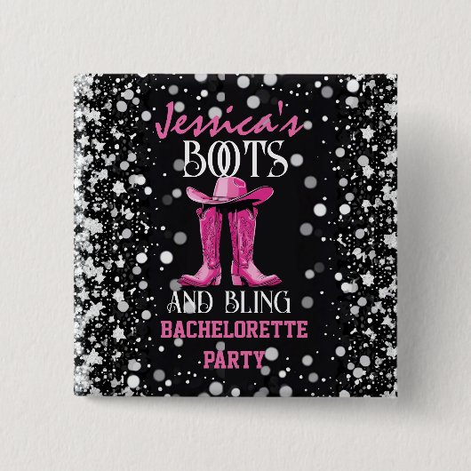 Badge Carré 5 Cm Bottes roses et Bling Bachelorette (Devant)