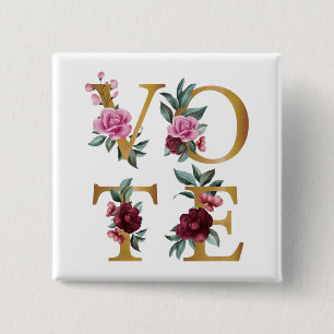Badge Carré 5 Cm Bourgogne doré Floral Élégant Féminin Allez Voter