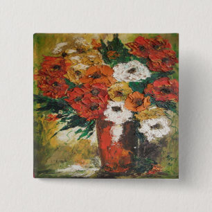 Badge Carré 5 Cm Bouton Ann Hayes Peinture Fleurs Rouges Mélangées