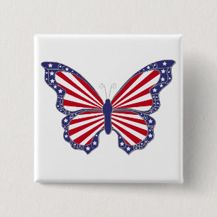 Badge Carré 5 Cm Bouton blanc et bleu rouge patriotique de papillon