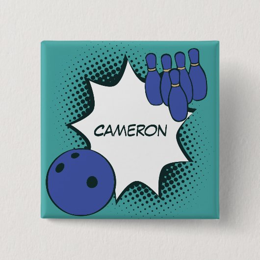 Badge Carré 5 Cm Bouton bleu-vert Pop Art Bowling Nom (Devant)