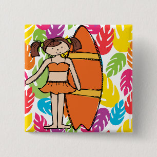 Badge Carré 5 Cm Bouton Brunette Surfer
