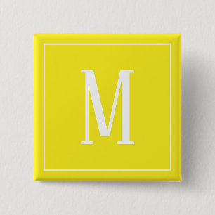 Badge Carré 5 Cm Bouton carré blanc sur fond jaune avec monogramme