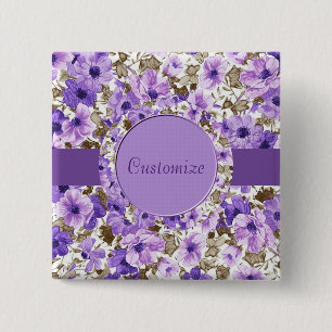 Badge Carré 5 Cm Bouton Carré floral blanc et violet personnalisé