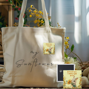 Badge Carré 5 Cm Bouton Carré   Lapin Mignon Tenant un Tournesol