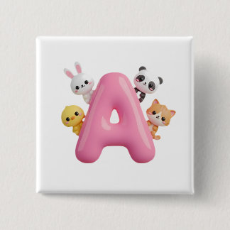 Badge Carré 5 Cm Bouton carré Lettre A ballon rose 3D Animaux de la
