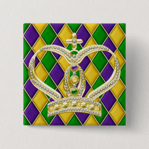 Badge Carré 5 Cm Bouton Carré Mardi Gras Arlequin avec couronne