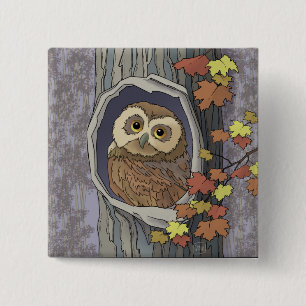 Badge Carré 5 Cm Bouton Chouette d'automne et Couleurs d'automne