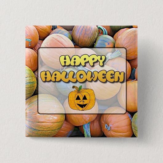 Badge Carré 5 Cm Bouton Citrouille Halloween heureux (Devant)
